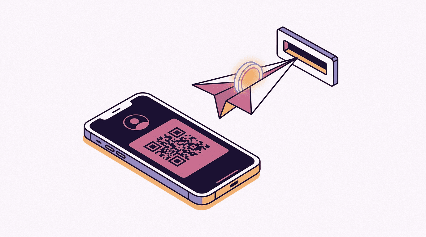 Smartphone showing a crypto wallet sending a transfer to a personal deposit address with a QR code, buying AI credits with crypto