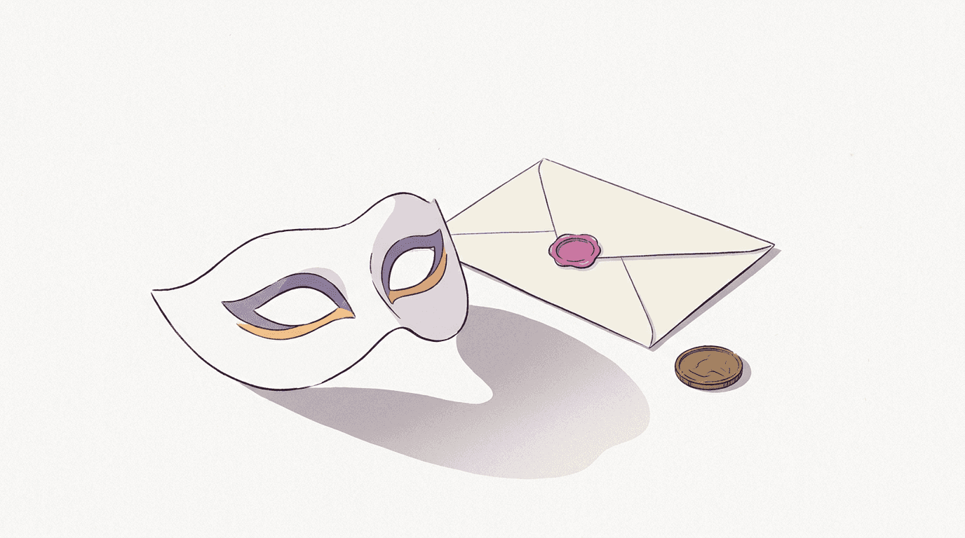 Paper mask resting beside an envelope and a single coin on a clean desk, pseudonymous crypto payment for AI images