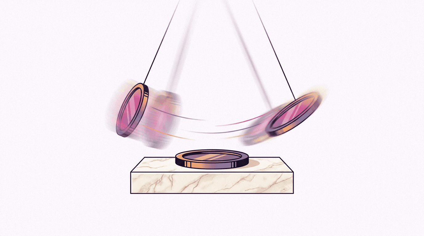 Stablecoin token balanced steadily on a pedestal while volatile coins swing on pendulums behind it, stablecoin AI platform payments