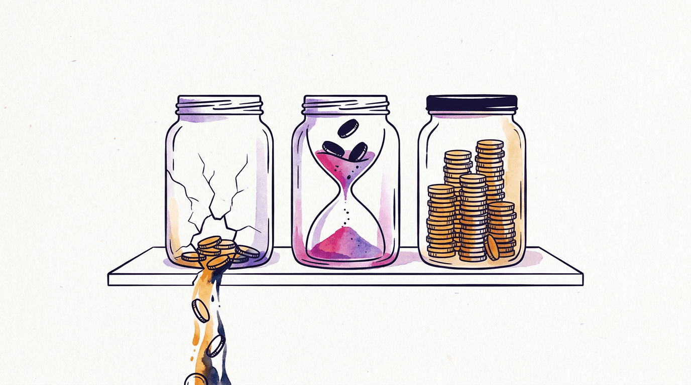 Three jars compared: a leaking subscription jar, a credit pack jar with an hourglass, and a sealed pay-per-use jar full of coins