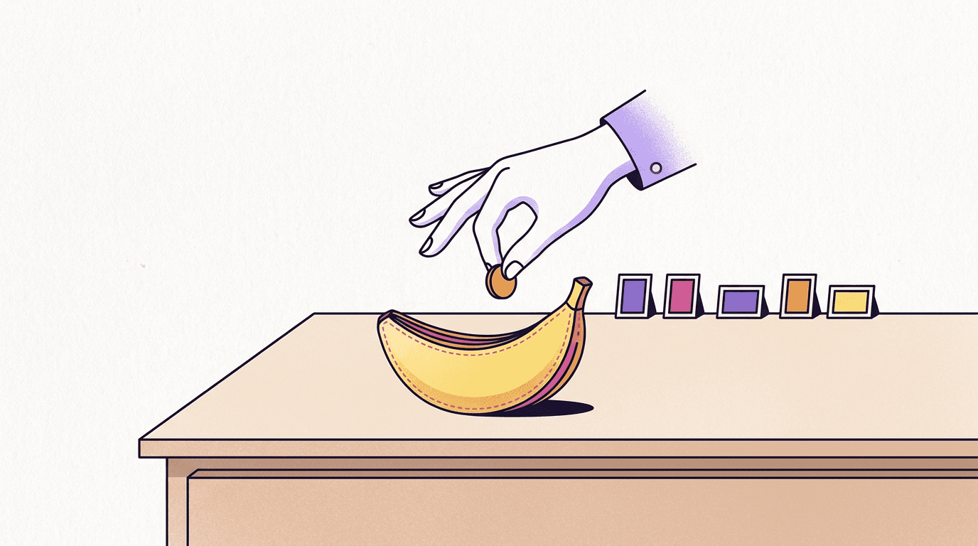 Hand dropping a single coin into a slot on a picture frame, paying per image instead of a monthly AI subscription