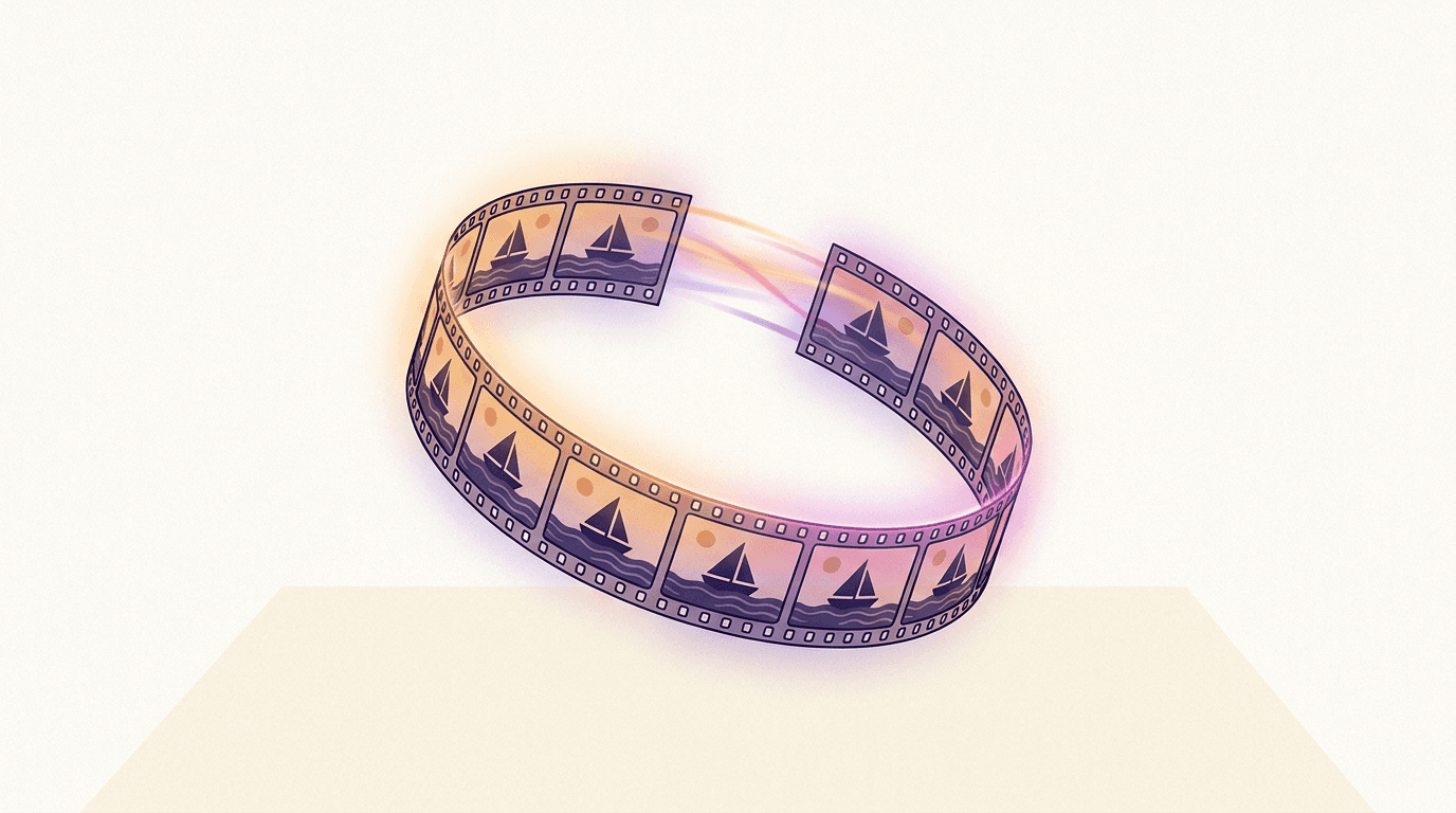 A strip of film frames bent into a perfect circle on a pastel background, illustrating a looped AI video that ends where it began