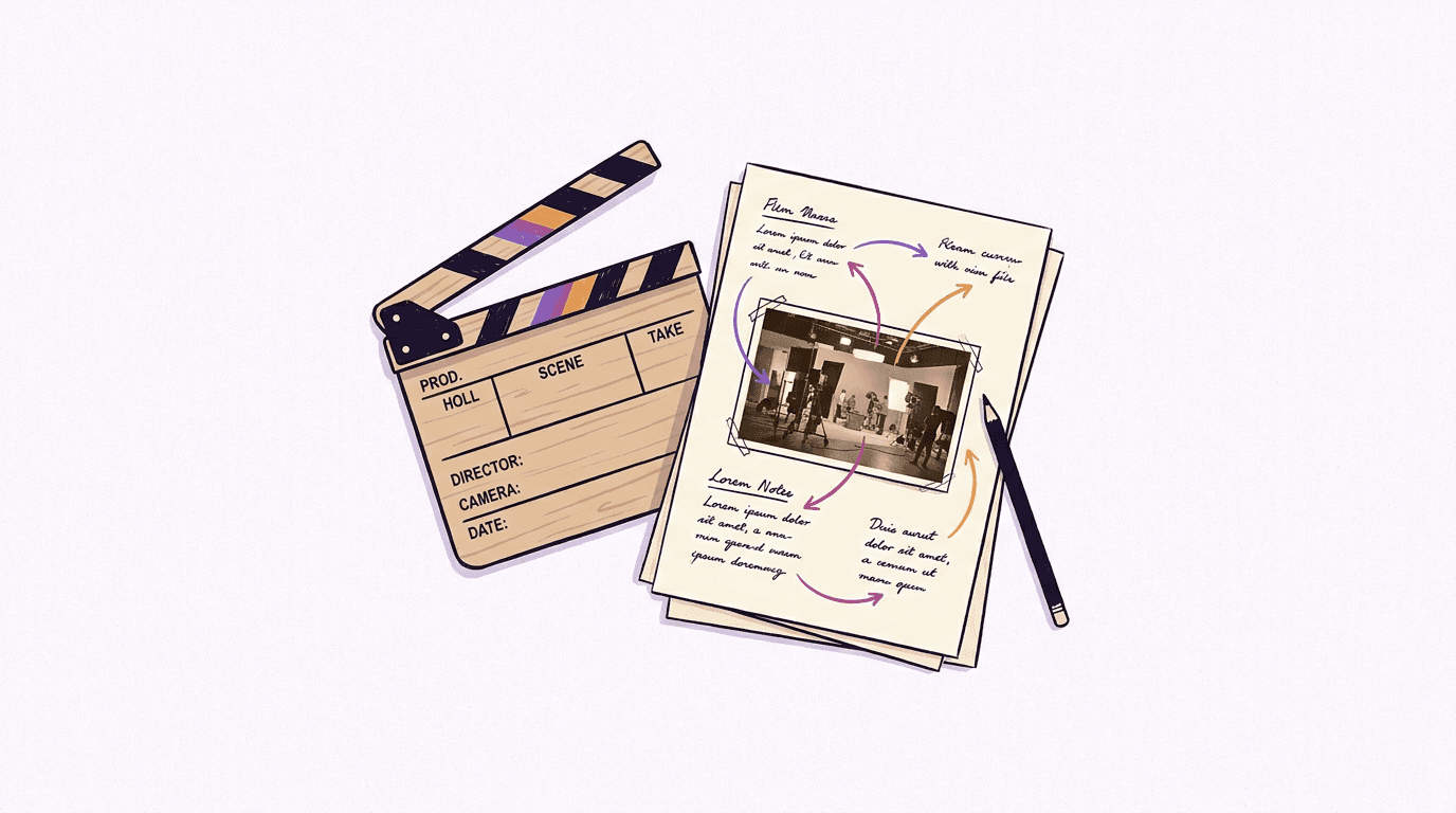 A director's clapperboard next to handwritten prompt notes with arrows sketching camera moves over a photograph, illustrating motion prompt writing