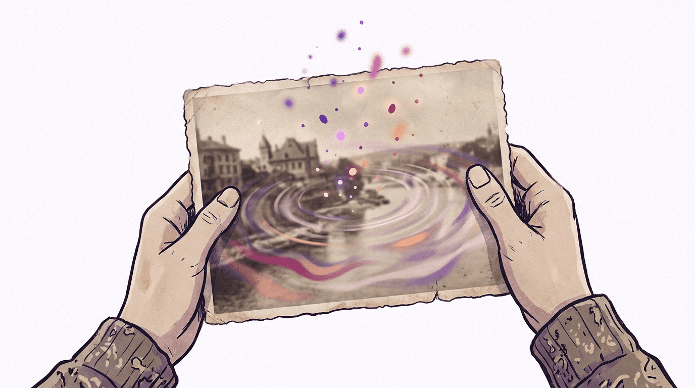 A vintage photograph held in two hands with the scene inside it starting to ripple and move, illustrating AI image to video animation