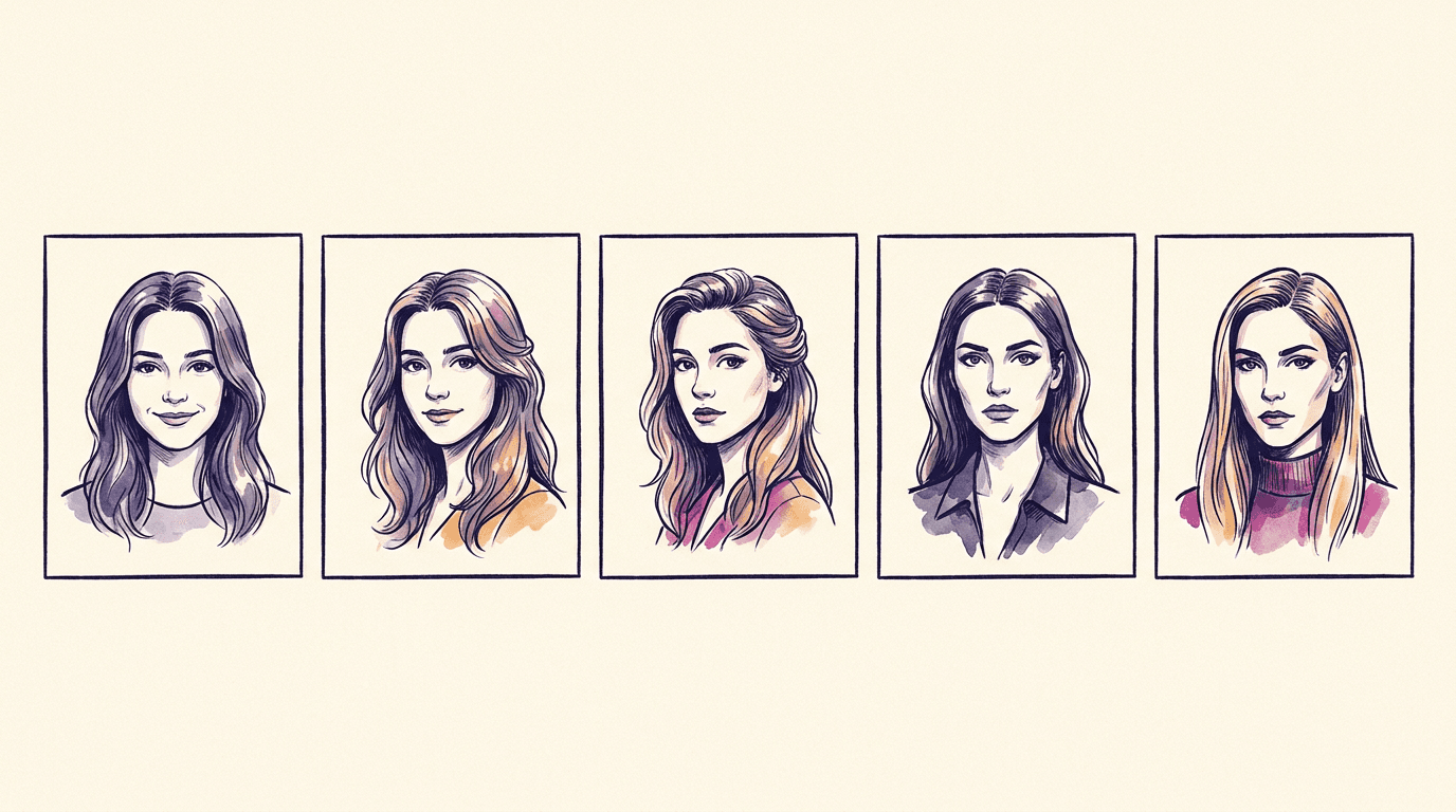 A row of AI-generated portrait frames where the same character gradually morphs into a different person, illustrating character drift in image generation