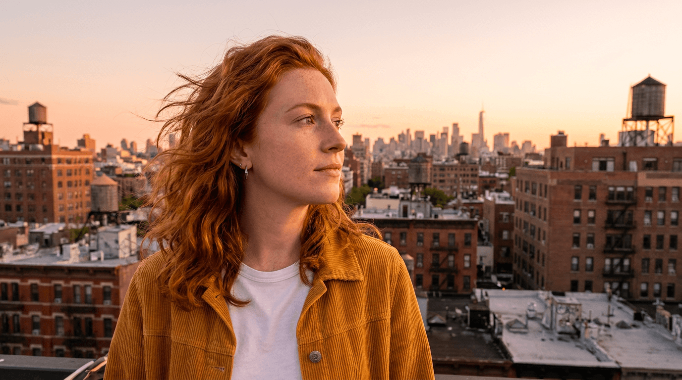The same AI character, a red-haired woman in a mustard corduroy jacket, on a rooftop at golden hour, showing character consistent image generation with Nano Banana Pro