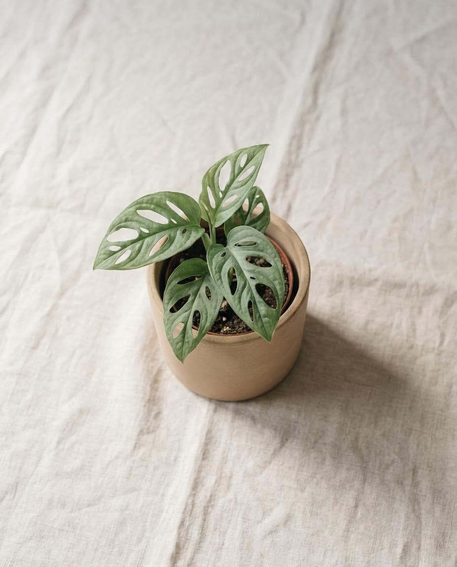 Photorealistic overhead product placeholder of a monstera in a matte terracotta pot on pale linen, the kind of catalog asset Cline generates through an MCP server