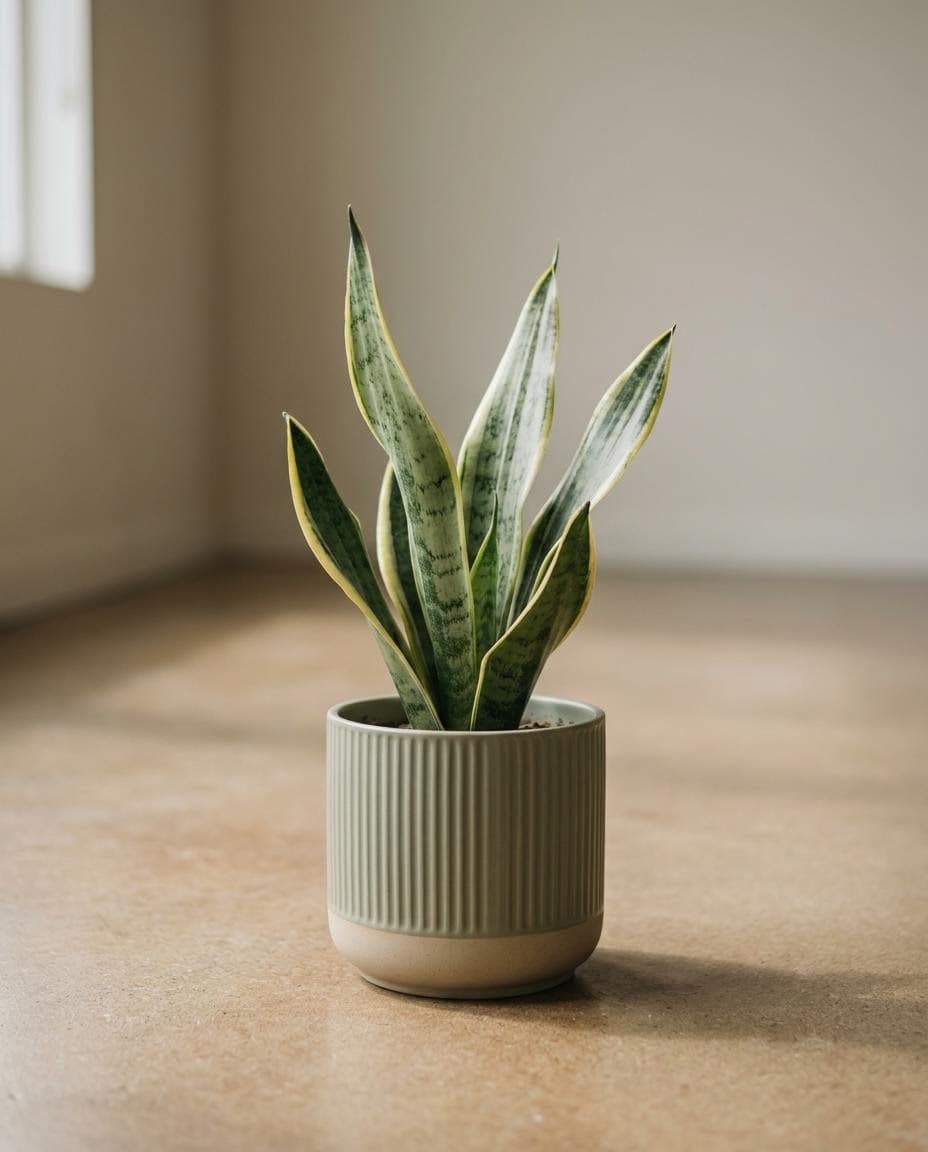 Photorealistic product placeholder of a snake plant in a ribbed ceramic planter on warm concrete, generated from the same style clause for a matching catalog set