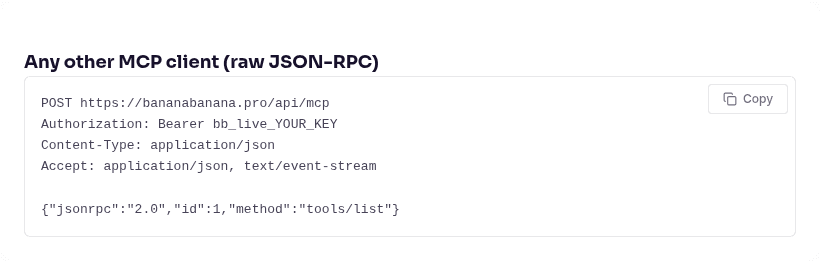 The generic MCP configuration snippet on the BananaBanana documentation page, showing the endpoint URL and Authorization header used by Cline