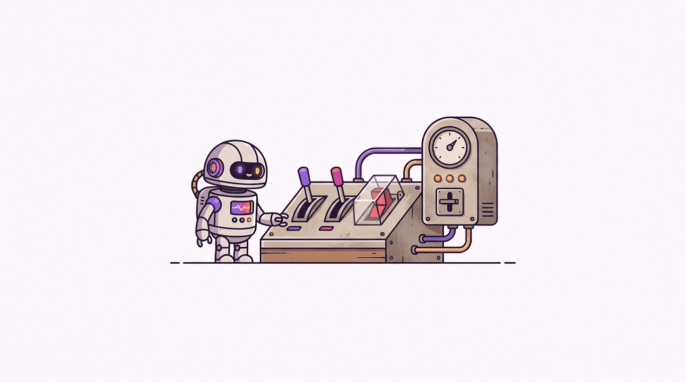 Editorial illustration of a small robot at a control panel with three switches, one under a transparent safety cover, and a coin meter beside it