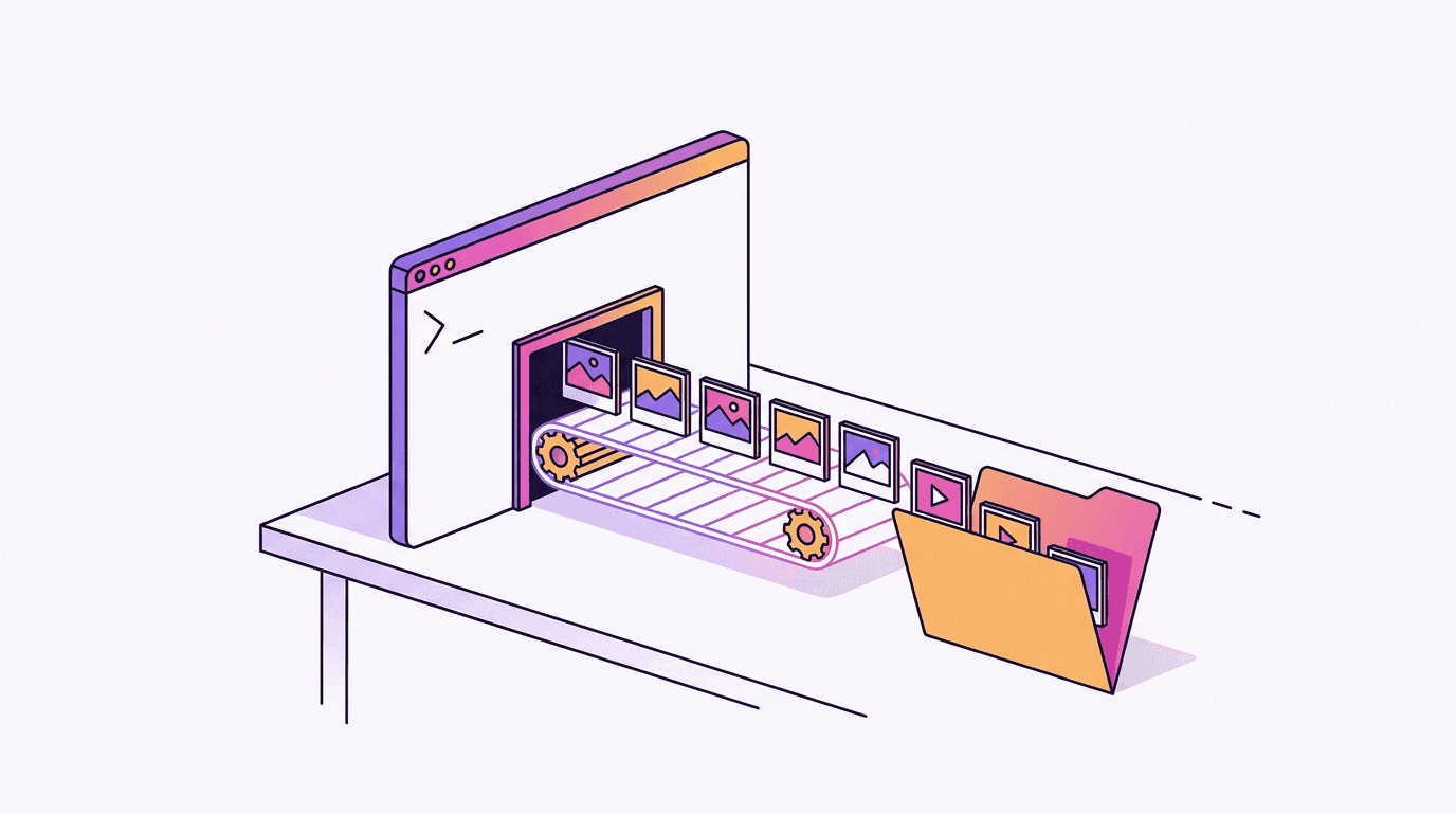 Editorial illustration of a terminal window with a small conveyor belt carrying framed pictures out of it into an open folder