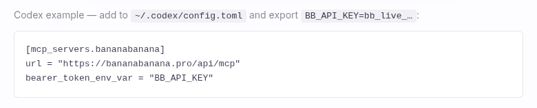 Codex config.toml snippet on the BananaBanana MCP docs page showing url and bearer_token_env_var fields