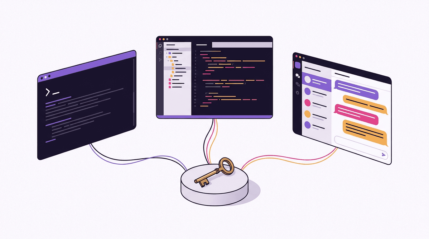 Editorial illustration of a terminal window, a code editor and a chat application connected by threads to a single key on a pedestal, a metaphor for one Codex config serving three apps
