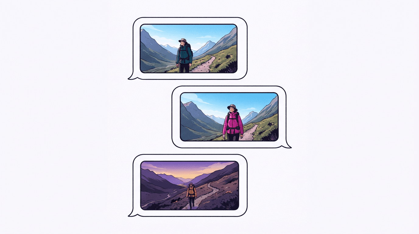 Chat conversation where each reply bubble shows the same video frame with one small change, illustrating conversational video editing