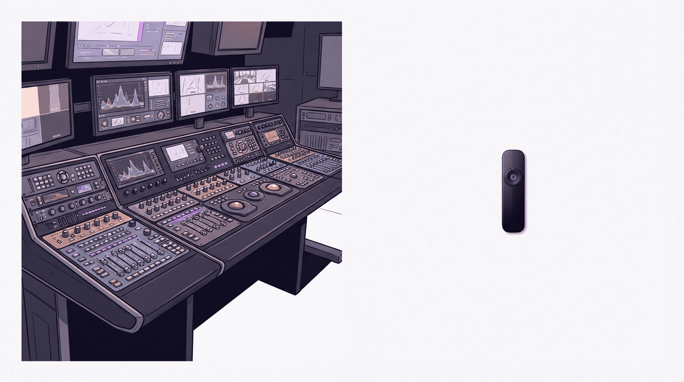 Split illustration comparing a full director control desk with a single small remote, a metaphor for Flow versus the Omni Flash API