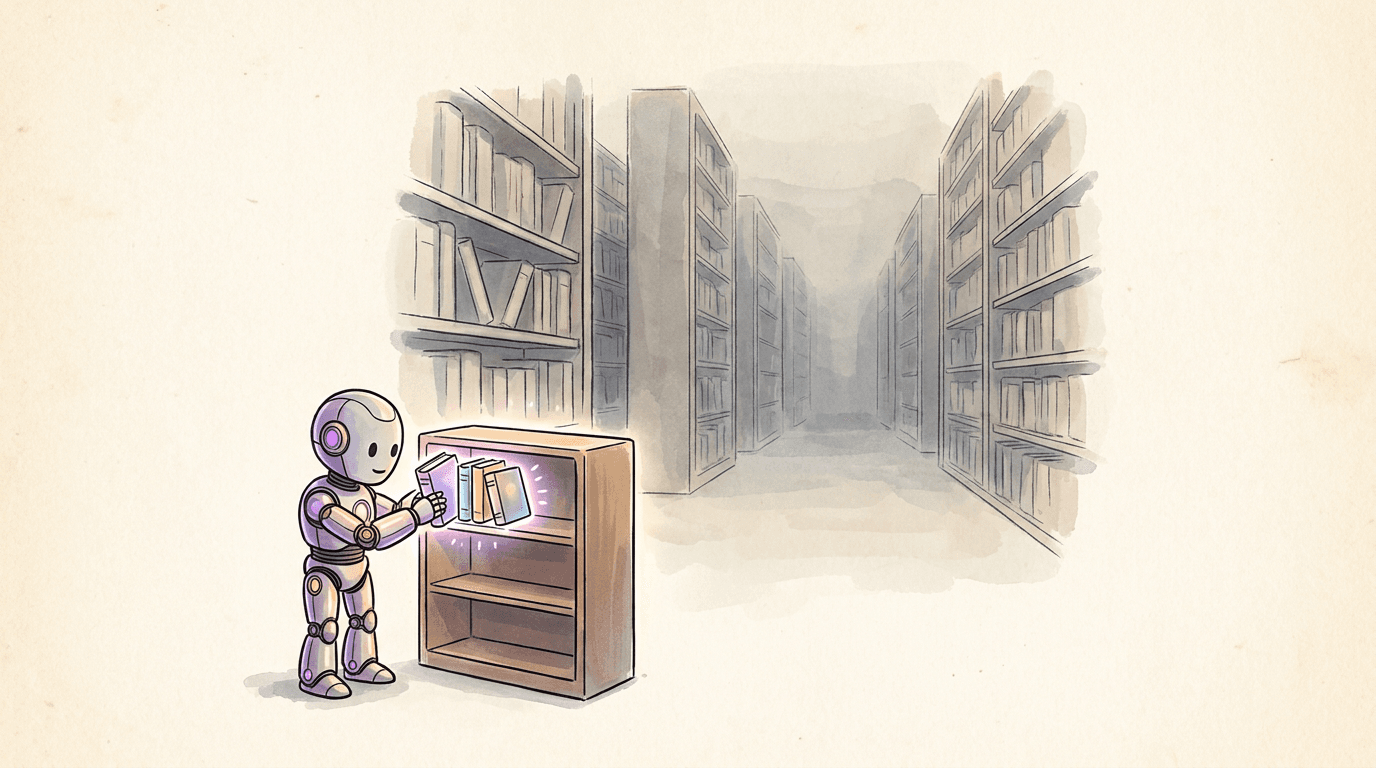 AI-generated hero image of a librarian robot placing glowing books on a small shelf in front of a vast archive, made by Claude Code via MCP