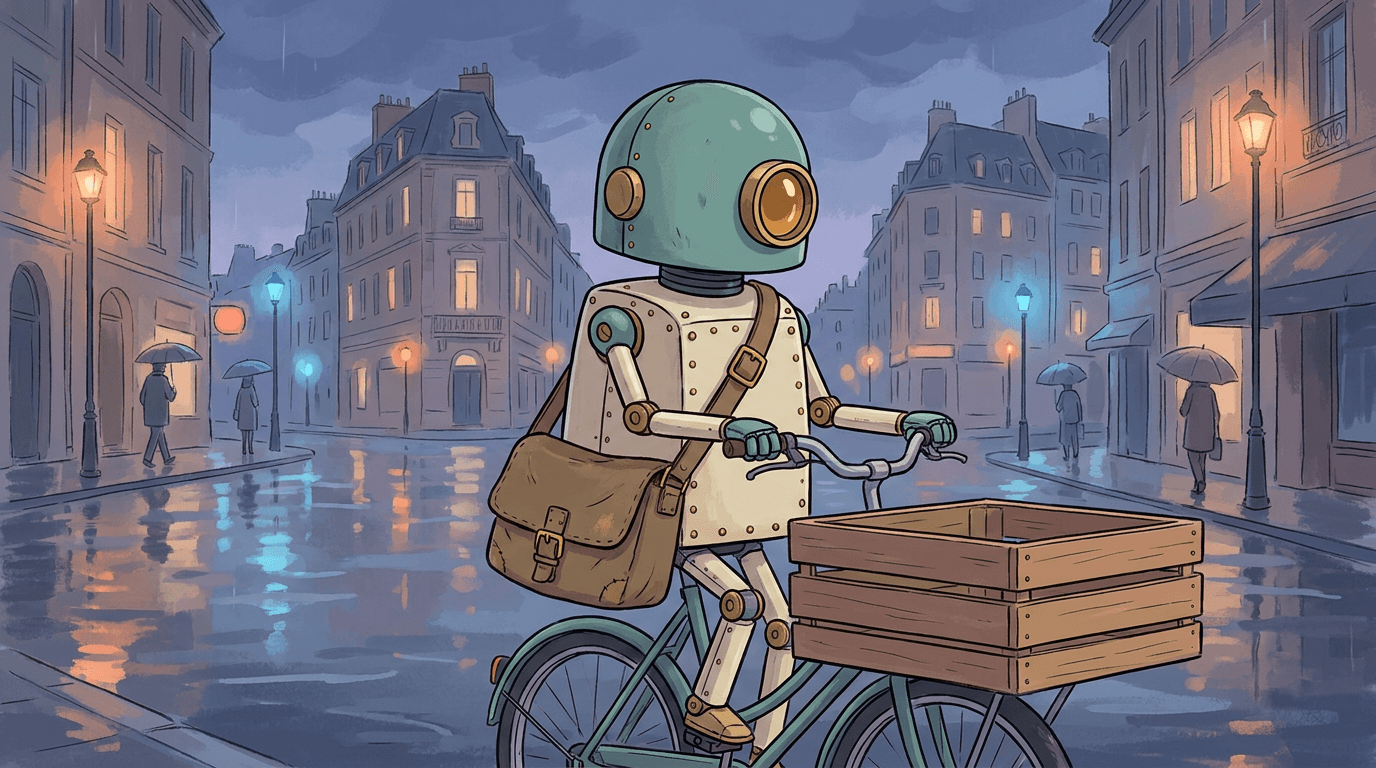 The same AI courier robot character riding a cargo bicycle through a rainy street at dusk, second image of the series