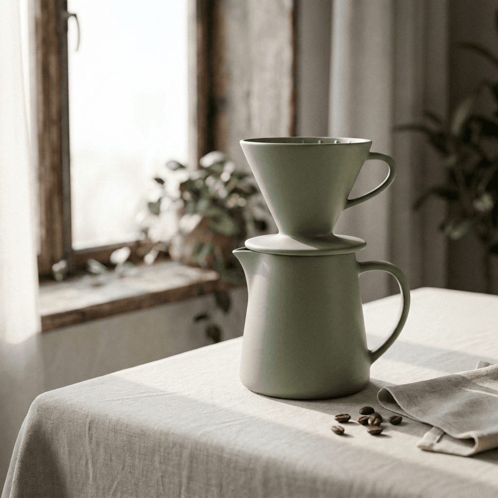 Photorealistic AI product photo of a sage-green ceramic pour-over coffee set on linen in soft window light, generated through the MCP server
