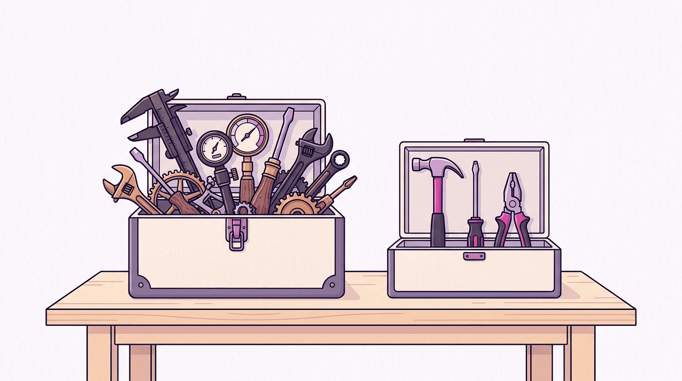 Two open toolboxes on a workbench, one large with many specialized tools and one compact with three essential tools