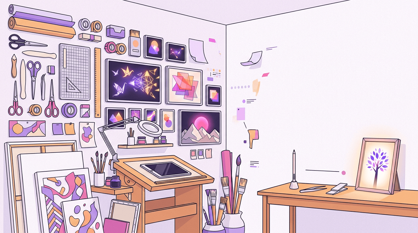 Bright creative studio wall covered with many different paper tools and canvases, one small desk in the corner with just three instruments