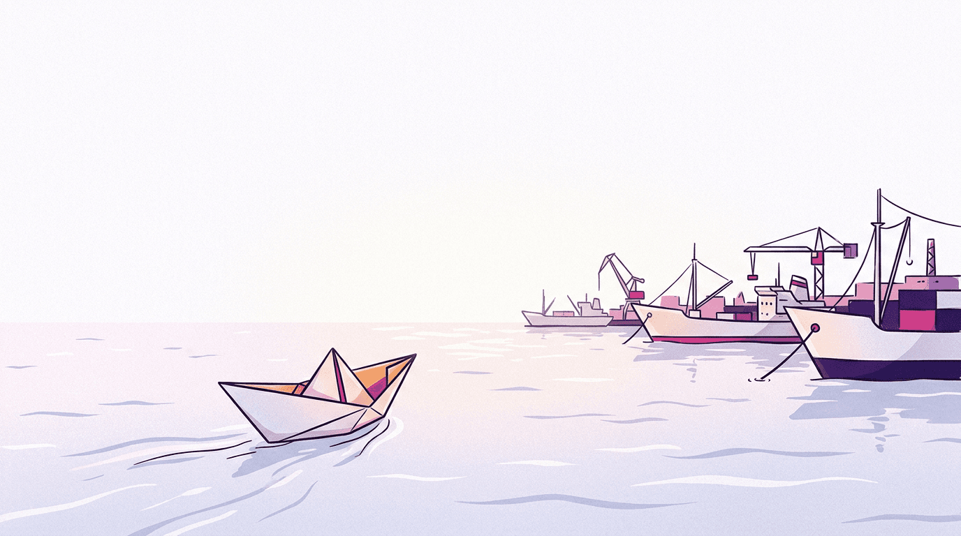 Small paper boat leaving a large busy harbor full of anchored ships, calm pastel sea