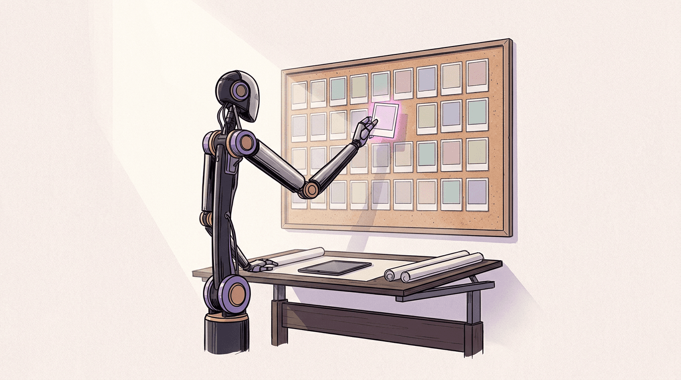 Robotic arm at a drafting desk placing a freshly printed picture onto a grid of small pictures pinned to a board