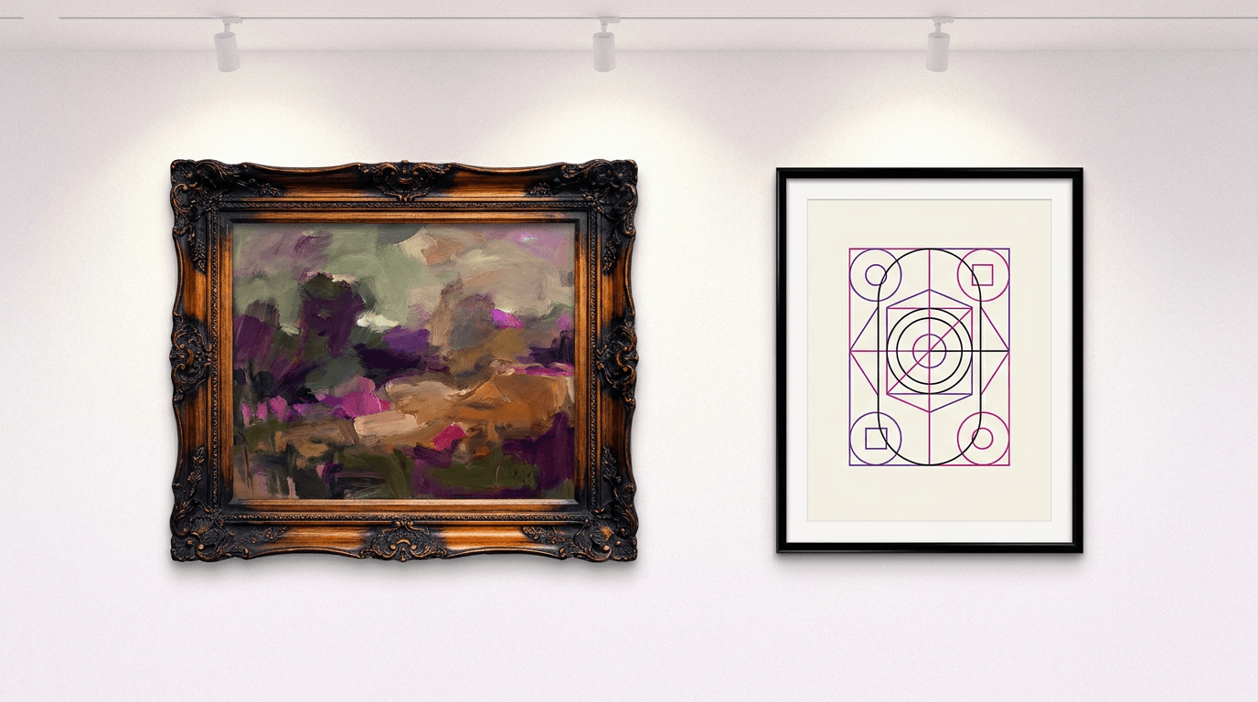 Ornate gilded gallery frame holding a painterly landscape beside a plain modern frame holding a geometric print