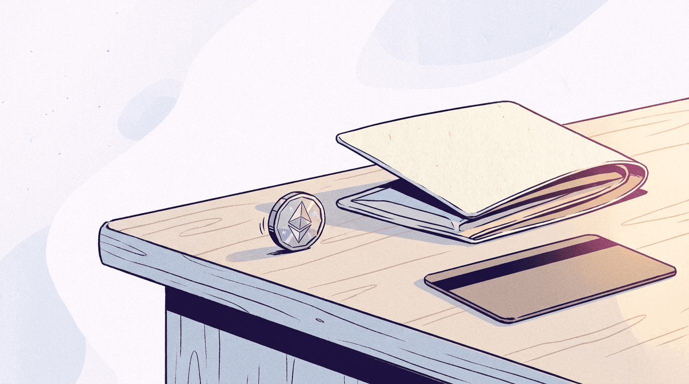 Small faceted polygonal coin rolling across a desk toward an open paper wallet, with a blank payment card face-down nearby