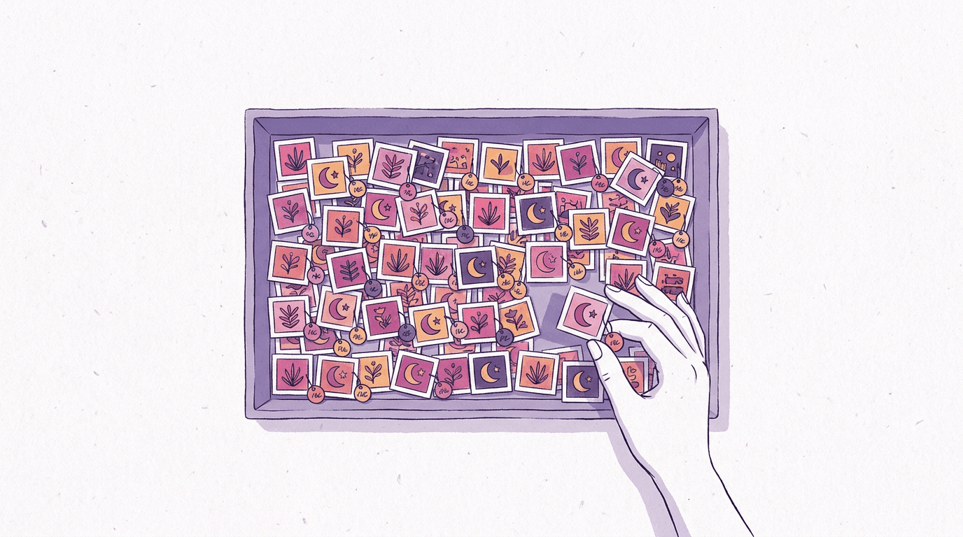 Overhead view of a market tray filled with small paper picture tiles, each carrying a tiny price tag, one hand lifting a tile