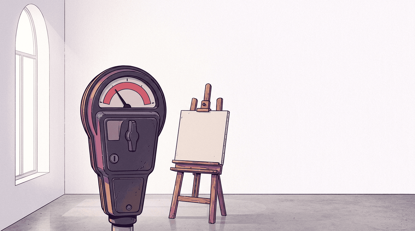 Coin-operated parking meter with a nearly empty dial standing beside a small artist's easel in an empty studio