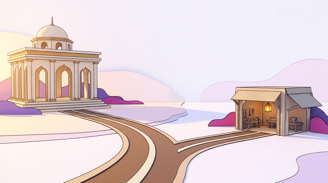 Paper-craft road forking in two, one branch leading to a grand columned gallery pavilion, the other to a small lit workshop