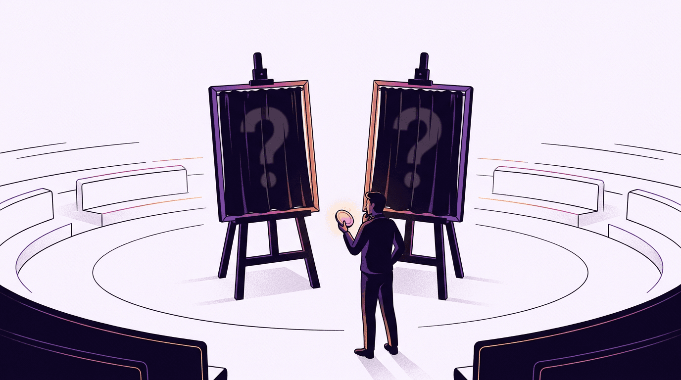 Two covered paintings on easels with question marks and a person holding a voting token between them, illustrating the anonymous spicy-mayo model in blind Image Arena battles