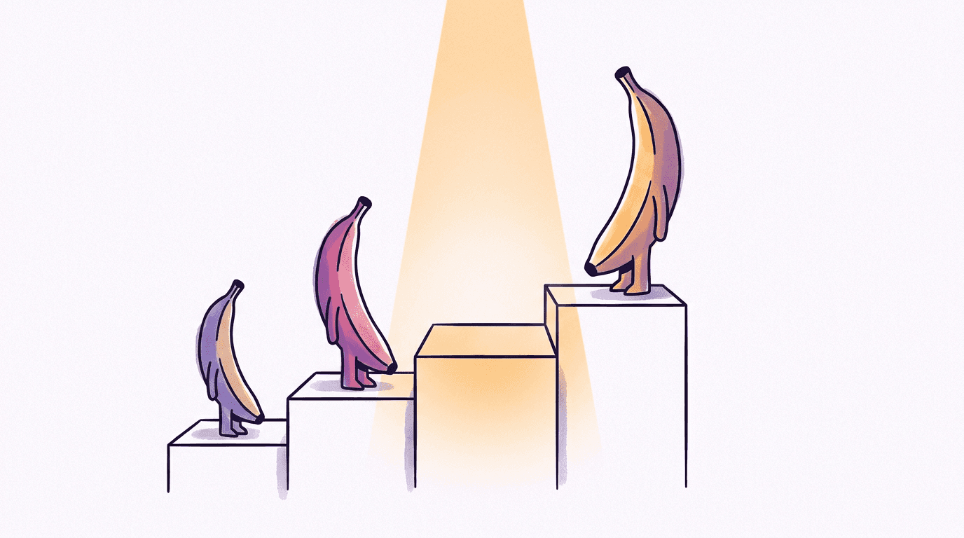 Three banana figures on stepped podiums with an empty spotlit podium between them, representing the unreleased Nano Banana 2.5 joining Google's image model lineup