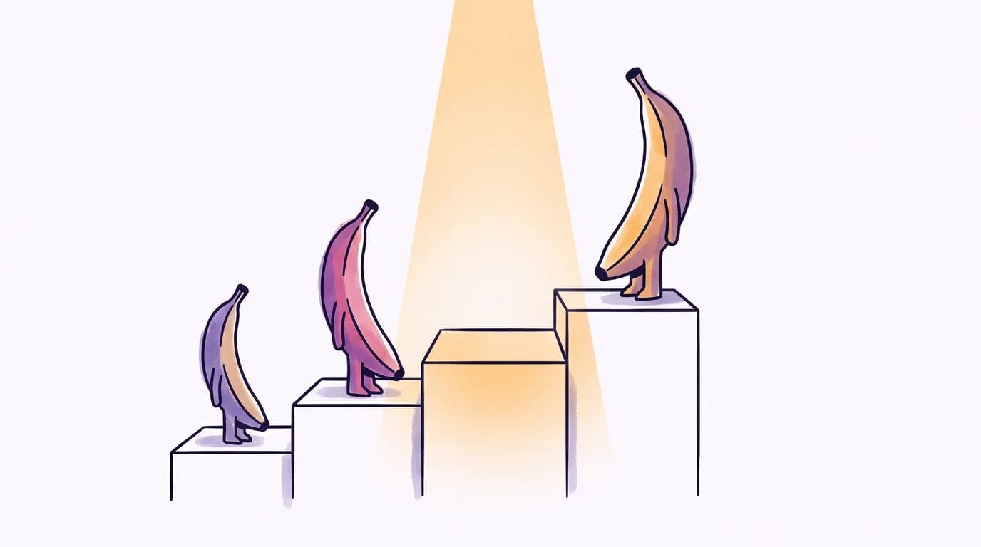 Three banana figures on stepped podiums with an empty spotlit podium between them, representing the unreleased Nano Banana 2.5 joining Google's image model lineup