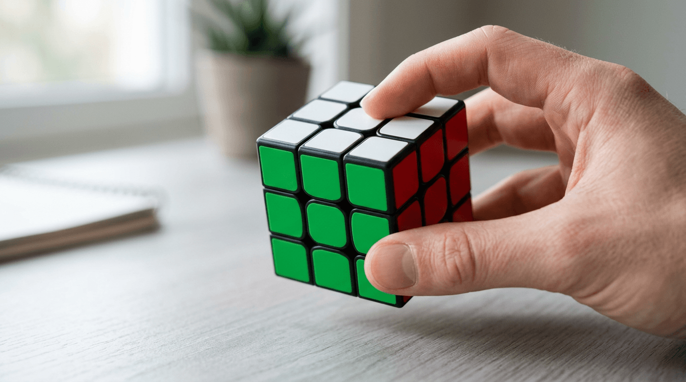 Nano Banana 2 output: a hand holding a solved Rubik's cube with a white top face, green front face and red right face on a light desk