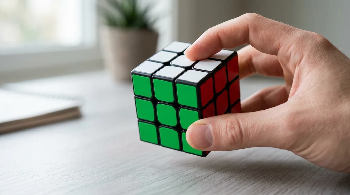 Nano Banana 2 output: a hand holding a solved Rubik's cube with a white top face, green front face and red right face on a light desk