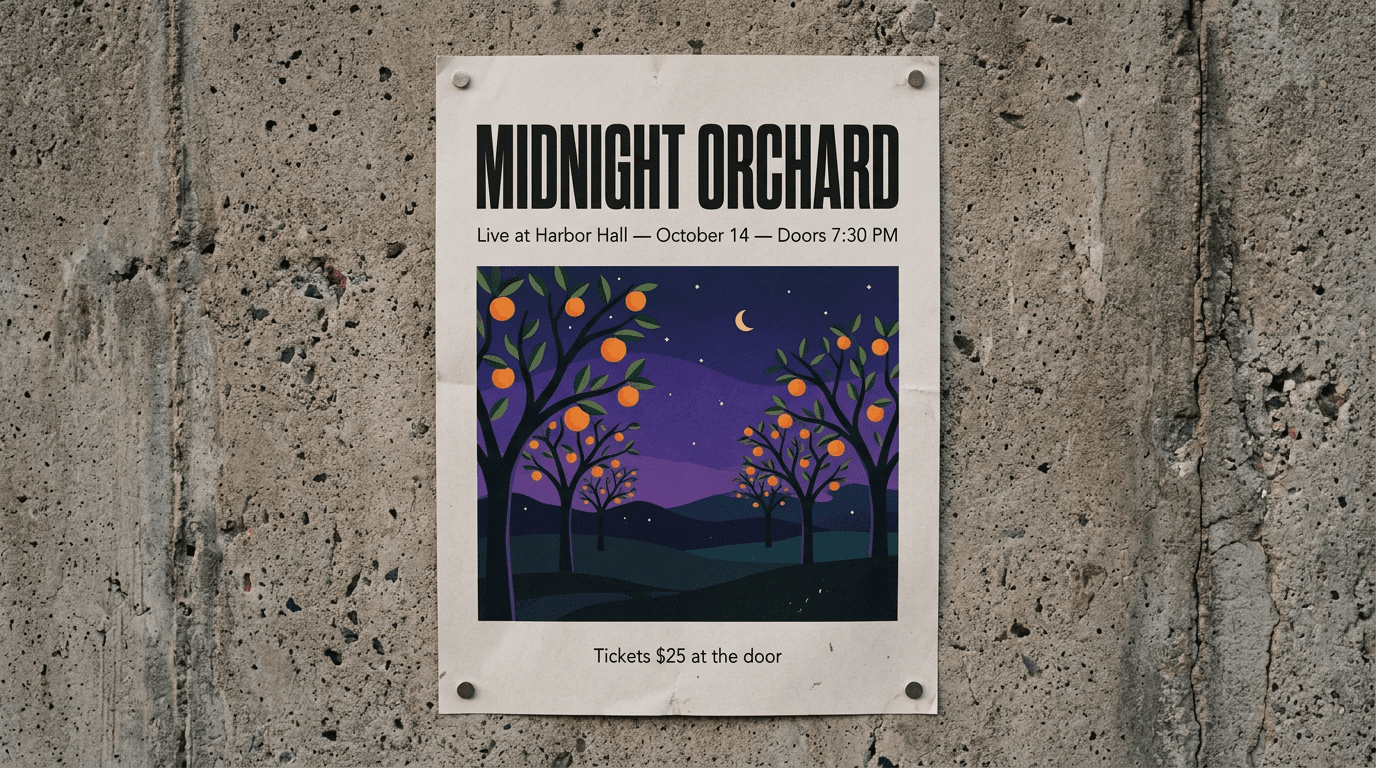 Nano Banana 2 output: a concert poster on a concrete wall with the headline MIDNIGHT ORCHARD, event details and orange trees under a violet night sky, all text rendered correctly