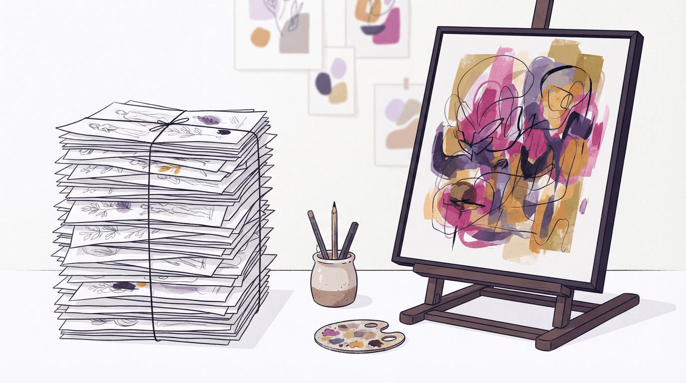 An artist's desk with a stack of quick pencil sketches beside one large finished framed painting, a metaphor for drafting with the cheap model and finalizing with the expensive one
