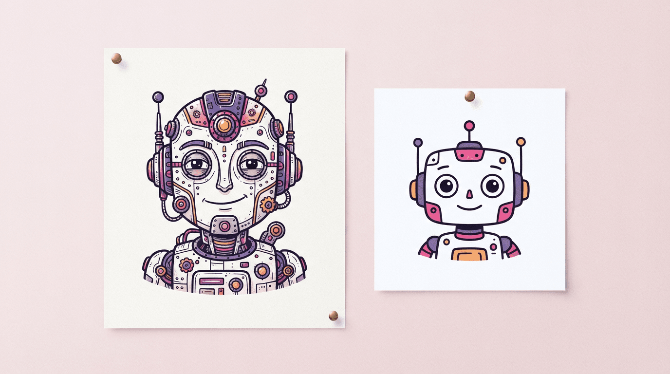 A large detailed robot portrait pinned next to a smaller simpler robot portrait, comparing Nano Banana 2 versus Nano Banana 2 Lite output