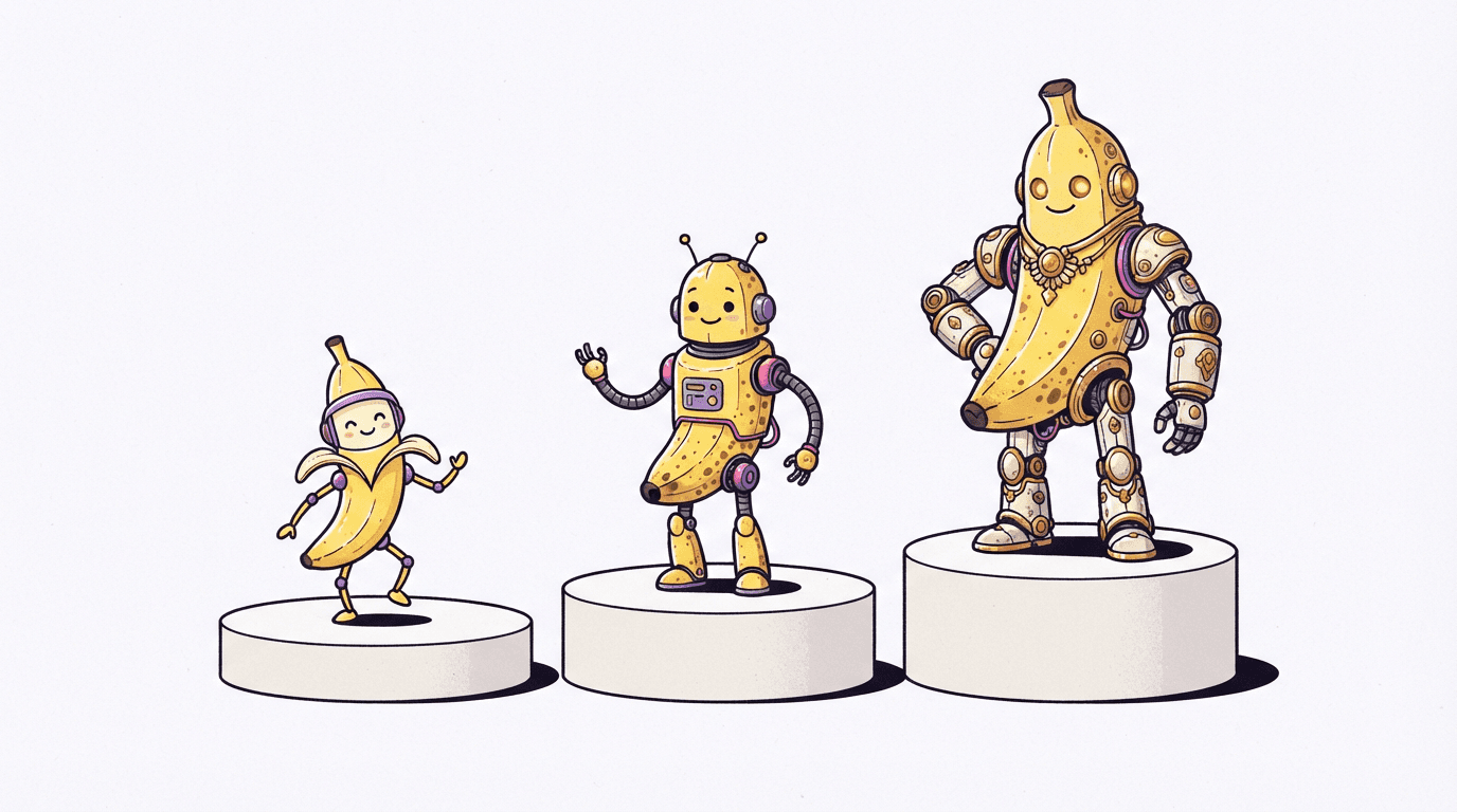 Three banana-themed robots of increasing size on pedestals, representing the Nano Banana 2 Lite, Nano Banana 2 and Pro model tiers