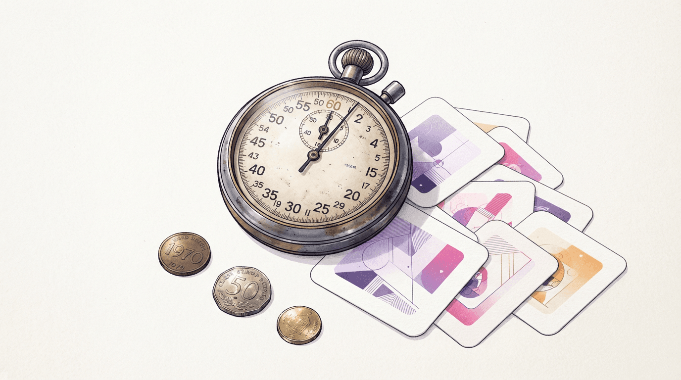 A stopwatch surrounded by a fan of freshly printed pastel images, illustrating 4-second AI image generation speed