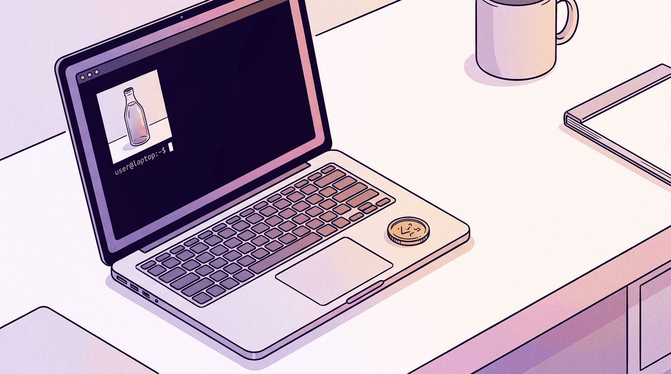 A terminal window on a desk rendering a product photo while a single coin sits on the keyboard, calling Nano Banana Pro from an API or MCP client