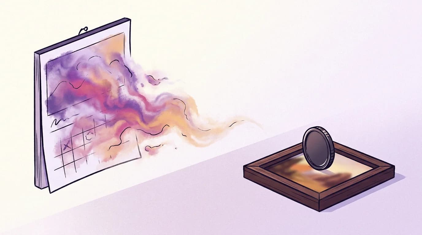 A monthly calendar page fading into mist next to a single sharp coin resting on a framed picture: a subscription quota versus a fixed price per image