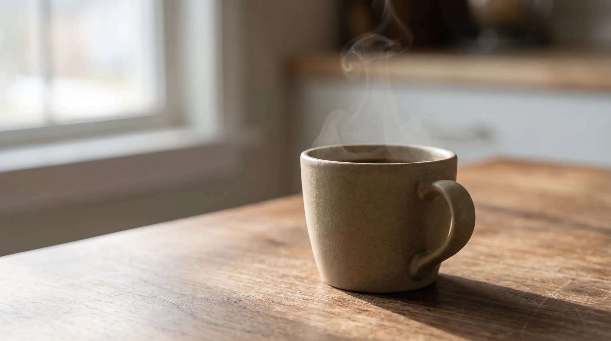Nano Banana Pro sample image: a photorealistic matte ceramic espresso cup on a walnut table in soft morning window light, generated at 2K on BananaBanana