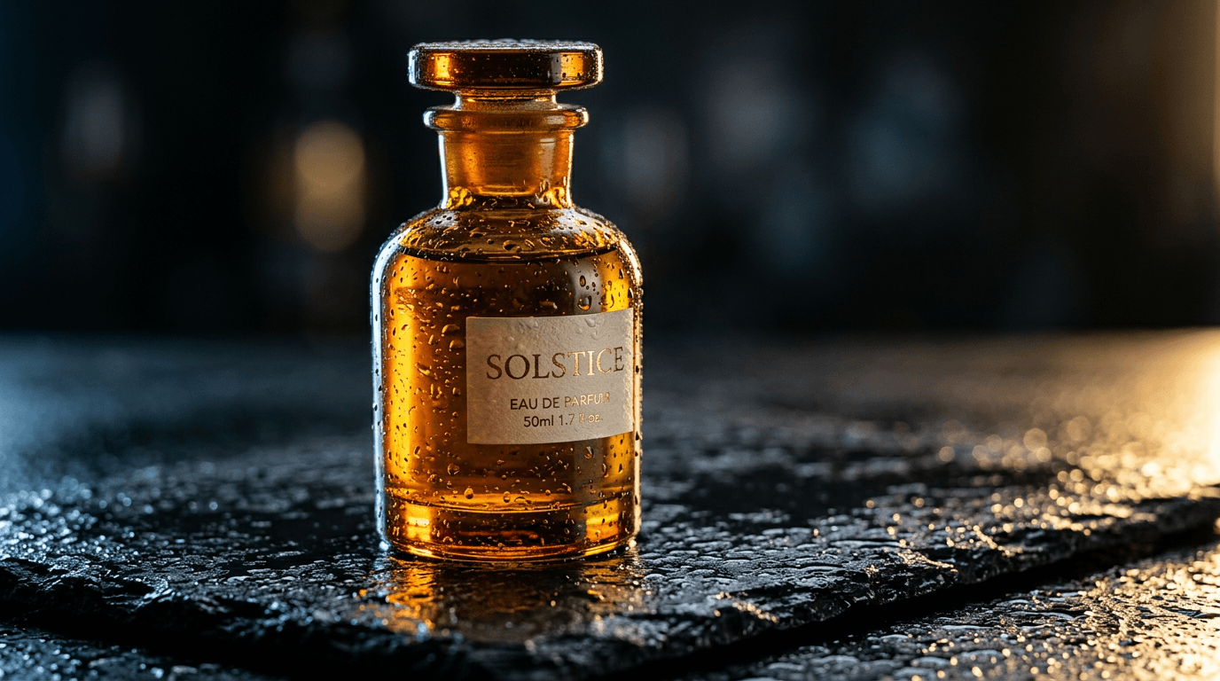 Nano Banana 2 result for the structured prompt: amber perfume bottle on wet slate with golden backlight and macro depth of field