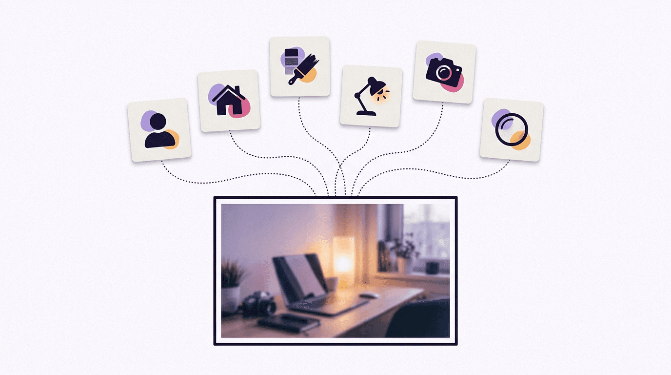 Six ingredients of a Nano Banana prompt shown as floating cards feeding into a single photographic frame: subject, setting, style, lighting, camera angle and lens