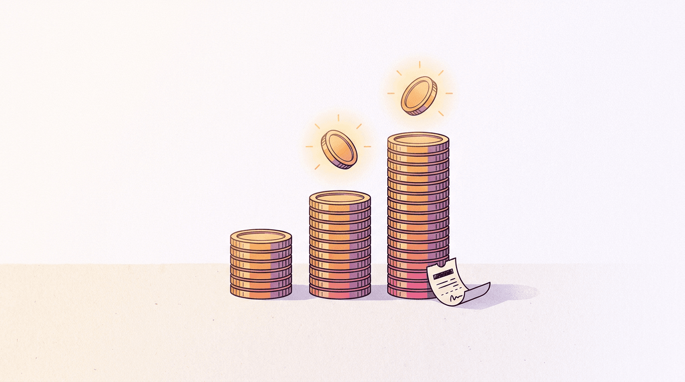 Três pilhas de moedas de altura crescente com moedas de bônus brilhando sobre as duas mais altas e um cupom promocional ao lado da maior, ilustrando os bônus de recarga com USDT em um gerador de imagens com IA
