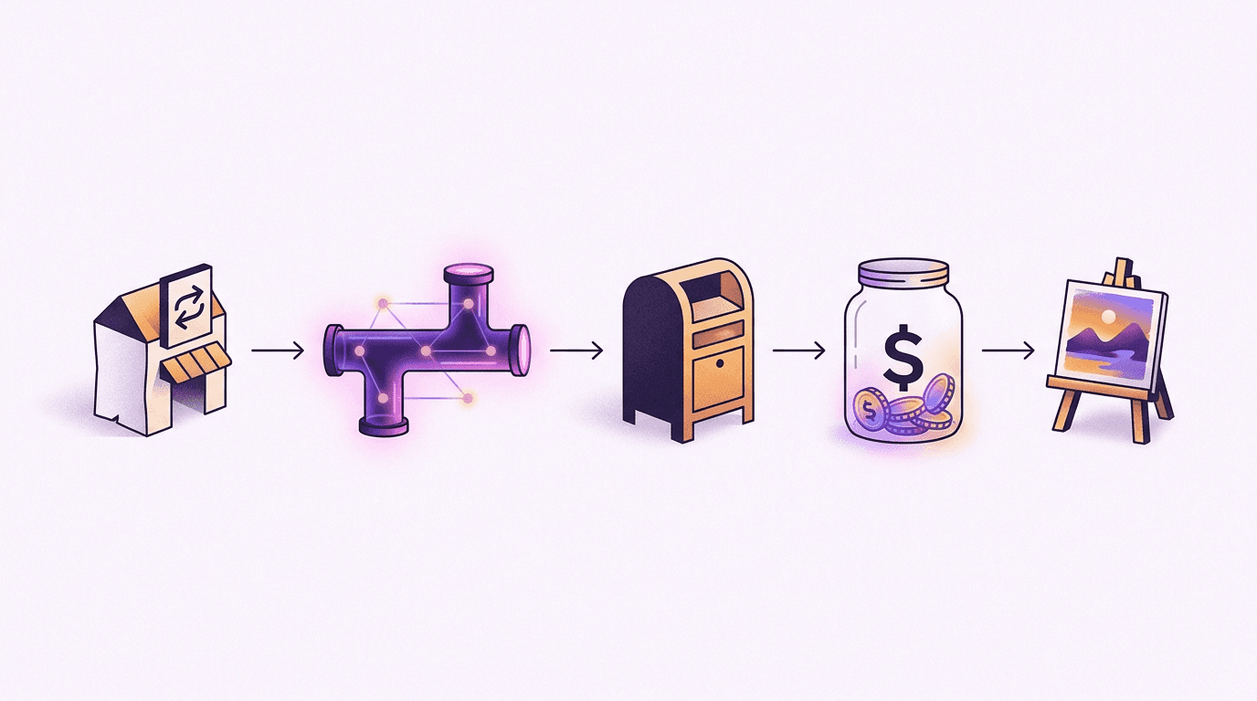 Diagrama de fluxo de uma corretora, passando por uma rede blockchain, até uma caixa de correio de depósito pessoal, um pote de saldo em dólares e uma imagem de IA pronta, mostrando como comprar créditos de IA com USDT