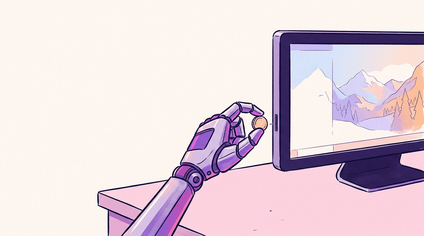 A robotic hand dropping a single coin into a slot on a terminal screen that is rendering an image, an AI agent paying per image
