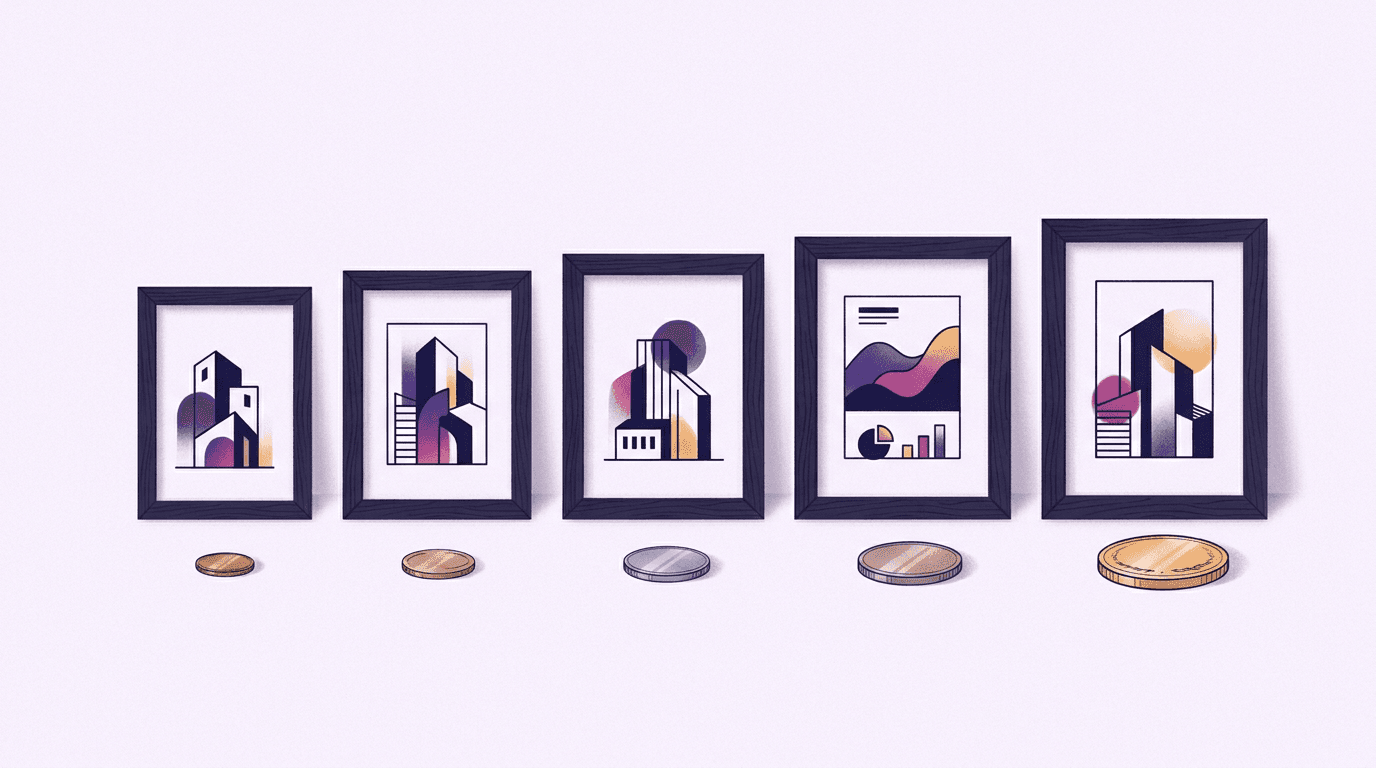 Five framed pictures in a row with progressively larger coins in front of each, showing AI image prices growing from a small draft to a large 4K render